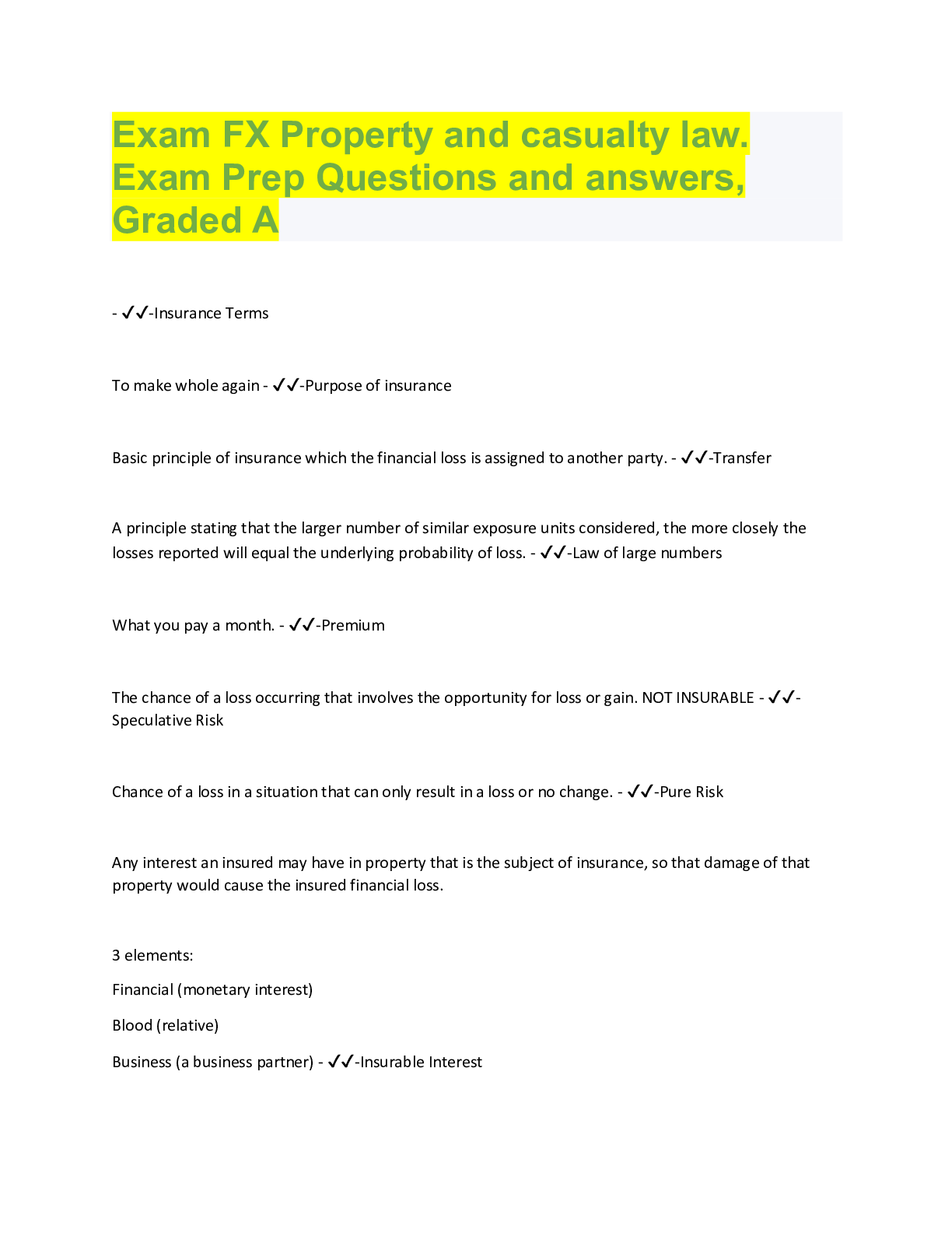 Preview image for Exam FX Property and casualty law.  Exam Prep Questions and answers,  Graded A